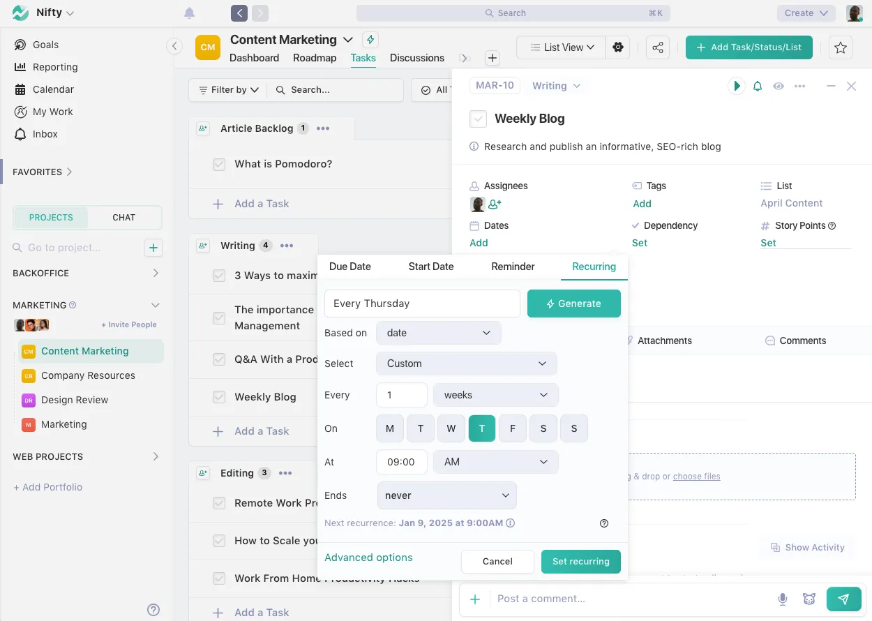 Screenshot illustrating Recurring Tasks