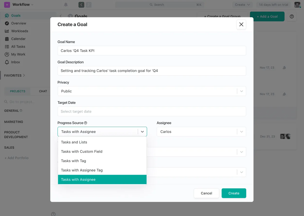 Screenshot illustrating Set Clear Goals
