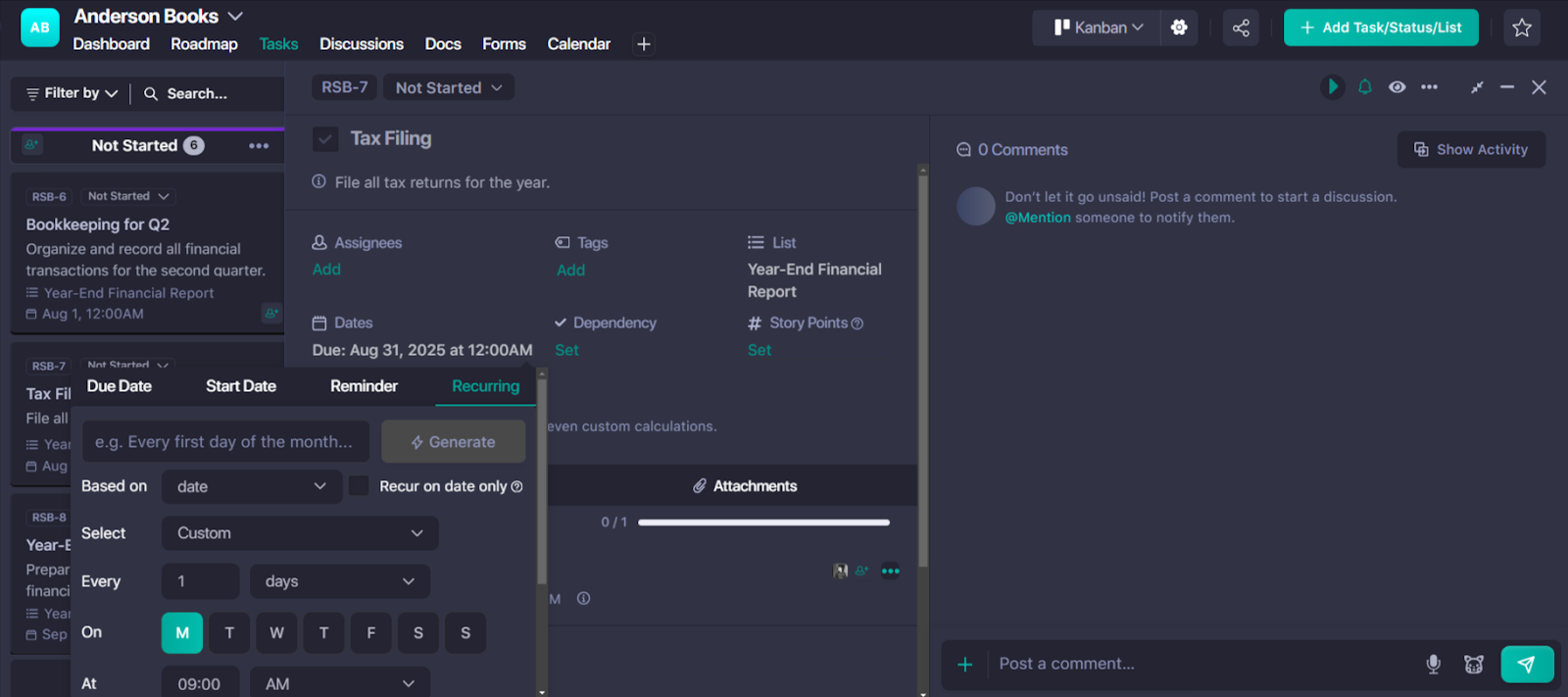 Recurring task, date, assignees, tags interface at Nifty