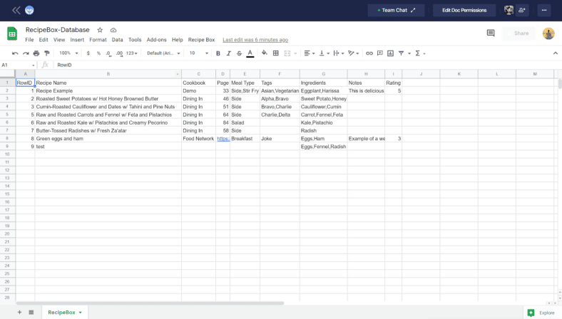 google sheets for creating recipe database