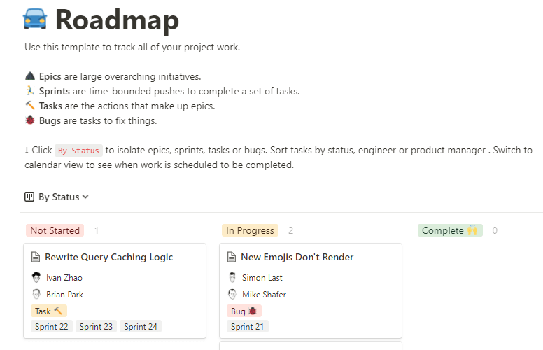 Roadmaps page in Notion