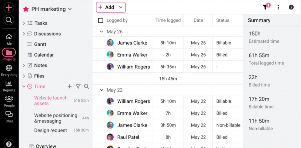 ProofHub dashboard showing project time tracking, task management, Gantt chart, calendar view, and team collaboration features as a Smartsheet alternative