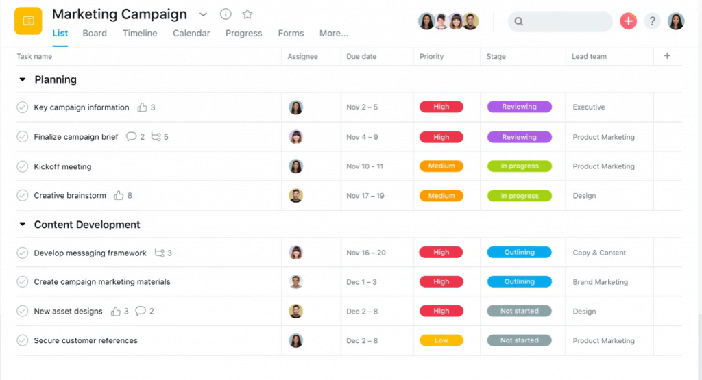 Asana for managing marketing activities