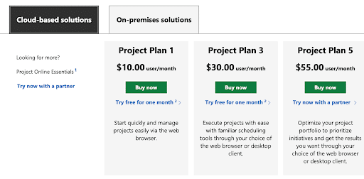 Microsoft project Pricing page