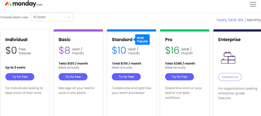 Monday Pricing page