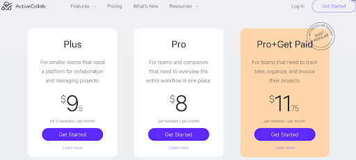 Active collab Pricing page
