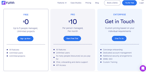 Runn Pricing page