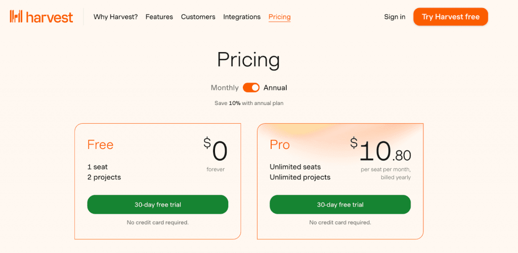 harvest pricing