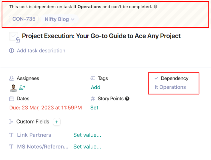 setting dependencies in Nifty's task for successful Project Execution
