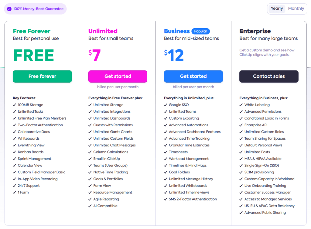 ClickUp Pricing plan overview