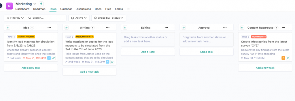 Example of a marketing plan action item created in Nifty