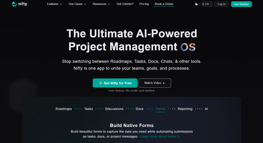 NIfty project management software's Home page