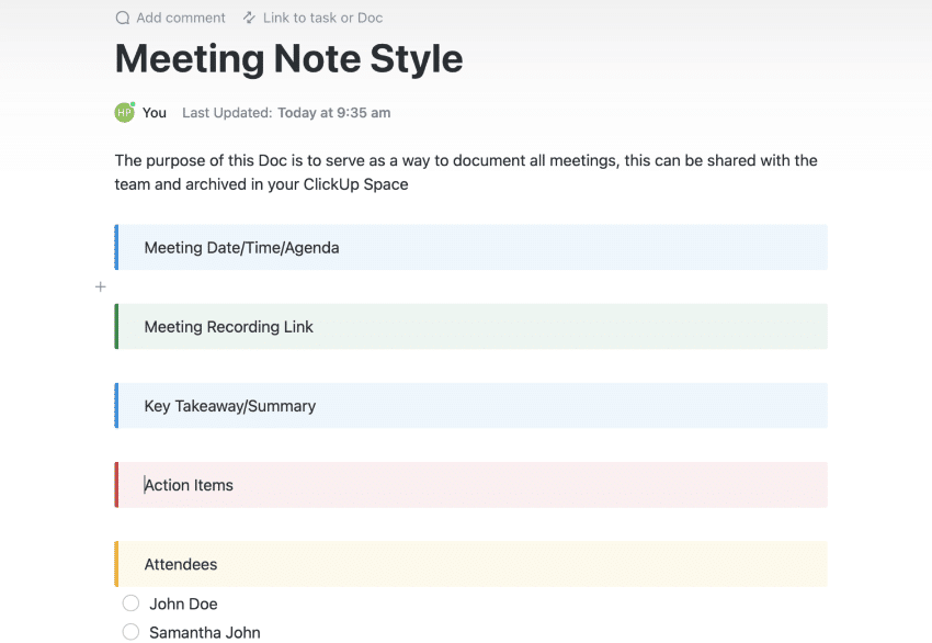 ClickUp Client Meeting Notes Template