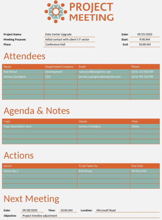 Excel Project Meeting Notes Template