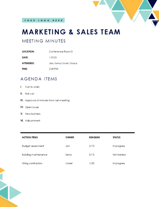 Sales & Marketing Team Meeting Notes Template Word 