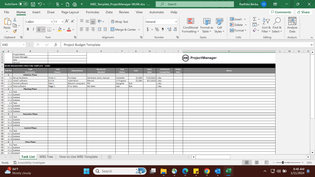 Work Breakdown Structure Gantt Chart Excel Template