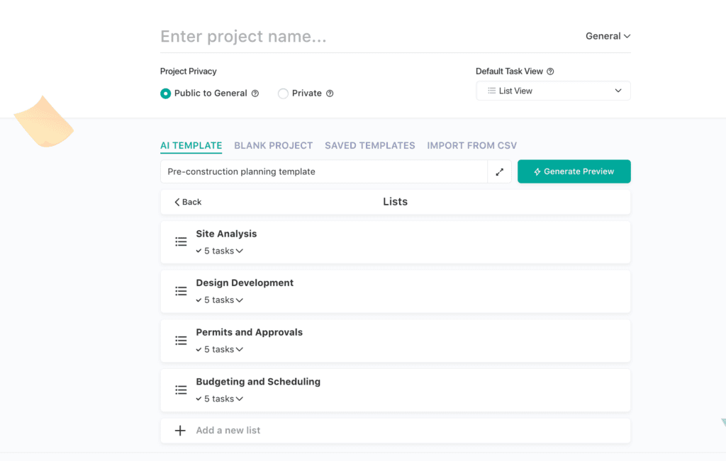Construction project management template created using Nifty AI