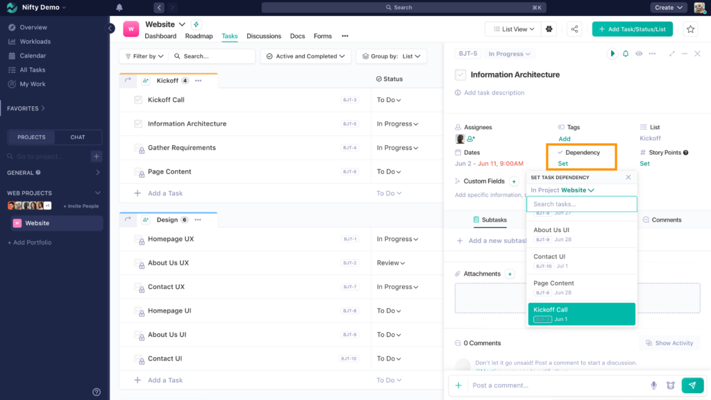 Nifty's task dependencies window