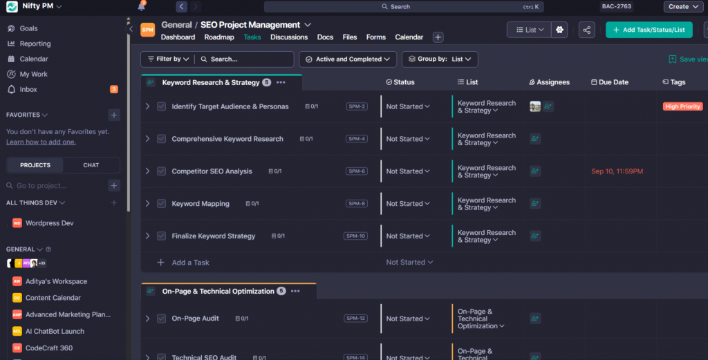 Nifty free project management software showing SEO project dashboard with task lists, keyword research workflow, status tracking, assignees, and priority labels in dark mode.