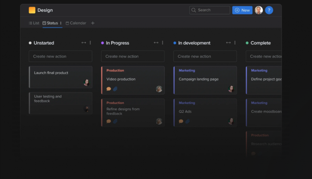 Kanban board view of free project management software - Hive showing task columns for Unstarted, In Progress, In Development, and Complete with marketing and production tasks.