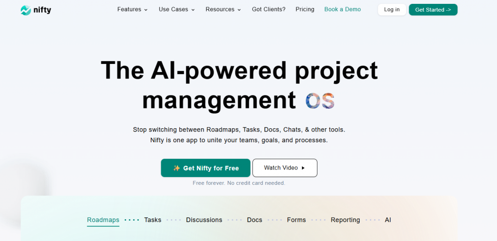 Nifty: project managament software Homepage