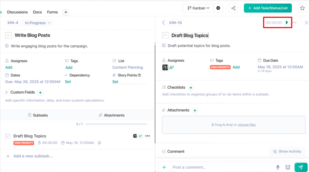 Nifty’s built-in time tracking feature