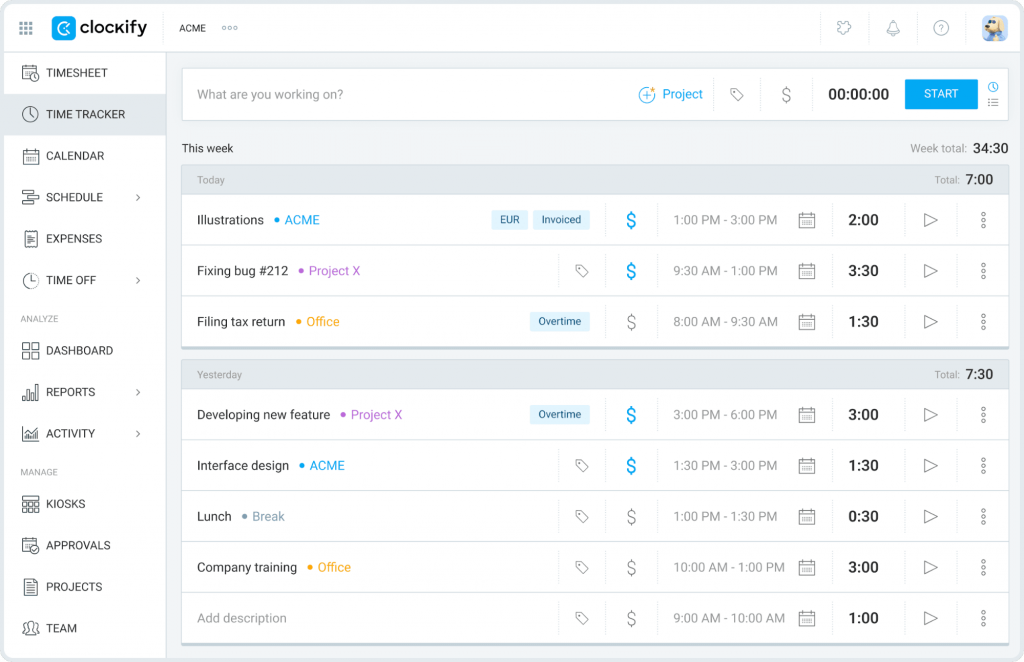 Clockify for free time tracking